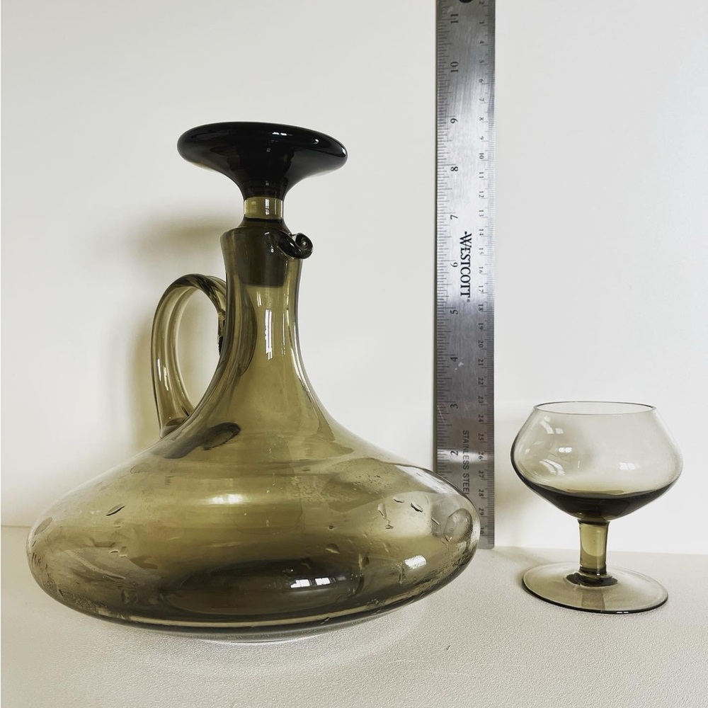 Vintage smoked glass decanter and 4 glasses